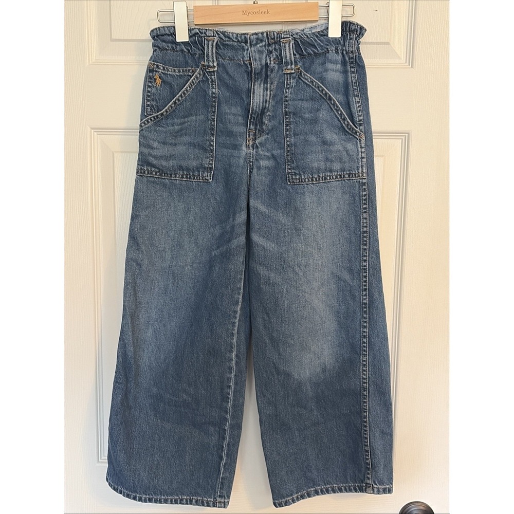 Ralph Lauren Girls Size 14 Paperbag-Waist Wide-Leg Medium Wash Cropped Jeans